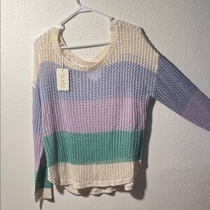 Hype Cream Open-Knit Crew Sweater with Lavender, Blue & Mint Stripes